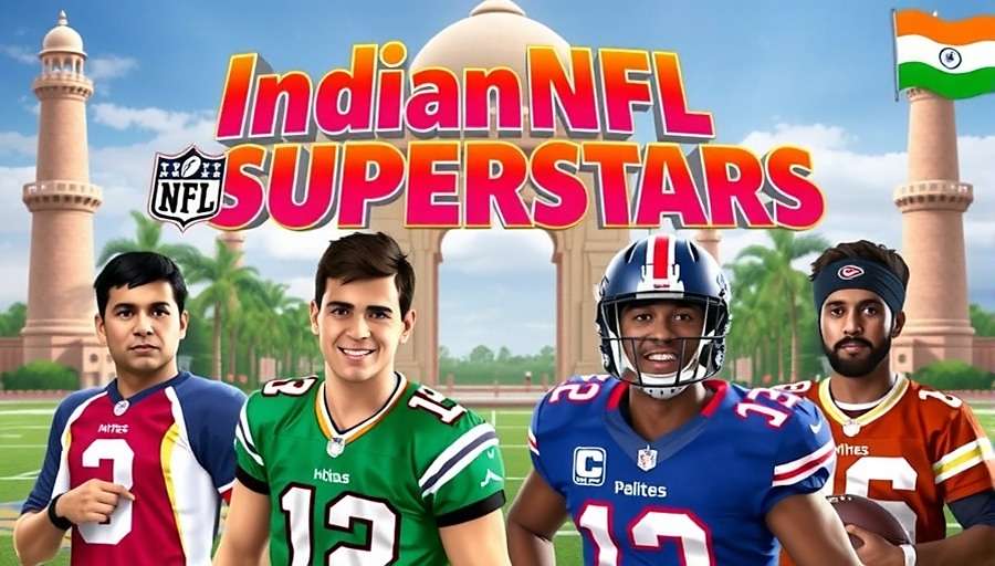 Indian NFL Rising Stars game cover featuring diverse Indian players in NFL team jerseys with iconic Indian landmarks in background
