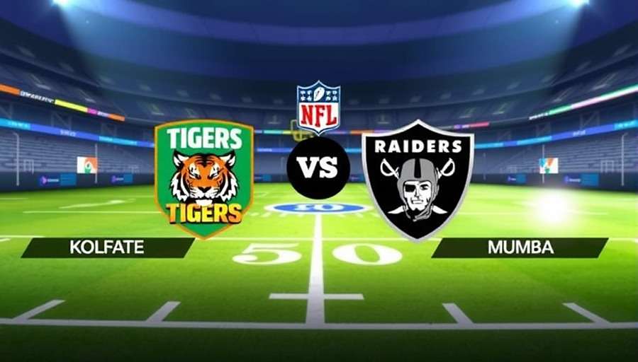 Indian NFL Rising Stars gameplay showing a match between Kolkata Tigers and Mumbai Raiders in a stadium with Indian flag colors