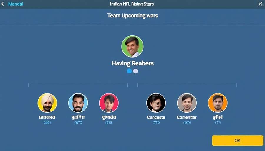 Indian NFL Rising Stars Mandal interface showing team members, upcoming wars, and chat in Hindi